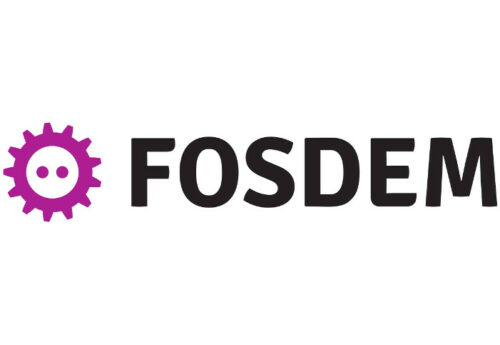 Le logo de Fosdem est au centre en noir et violet, sur un fond blanc.