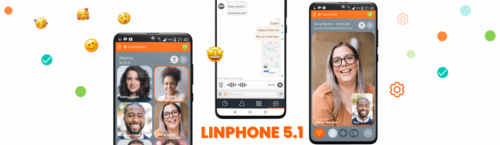 Trois téléphones utilisant la version Linphone 5.1 et plein d'emojis qui sont autour.