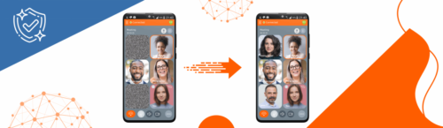 Deux téléphones réalisant des appels à plusieurs avec une flèche au milieu pour illustrer le bon fonctionnement de Linphone.
