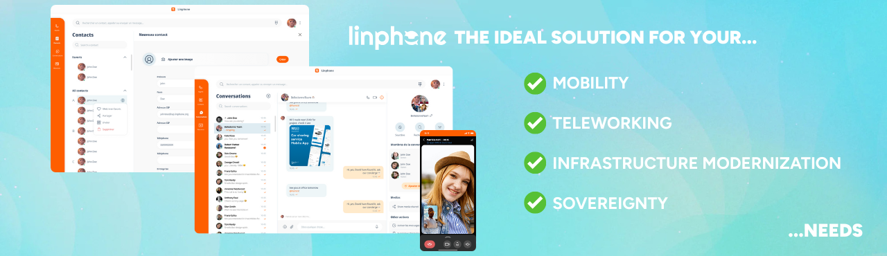 Mockup of the Linphone interface displayed on a screen, accompanied by the text: 'Linphone, the ideal solution for your needs in... mobility, telecommuting, modernization, and sovereignty.'