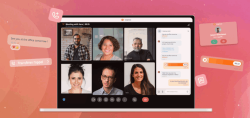 Image présentant un ordinateur en visioconférence avec plusieurs personnes sur un fond rose.